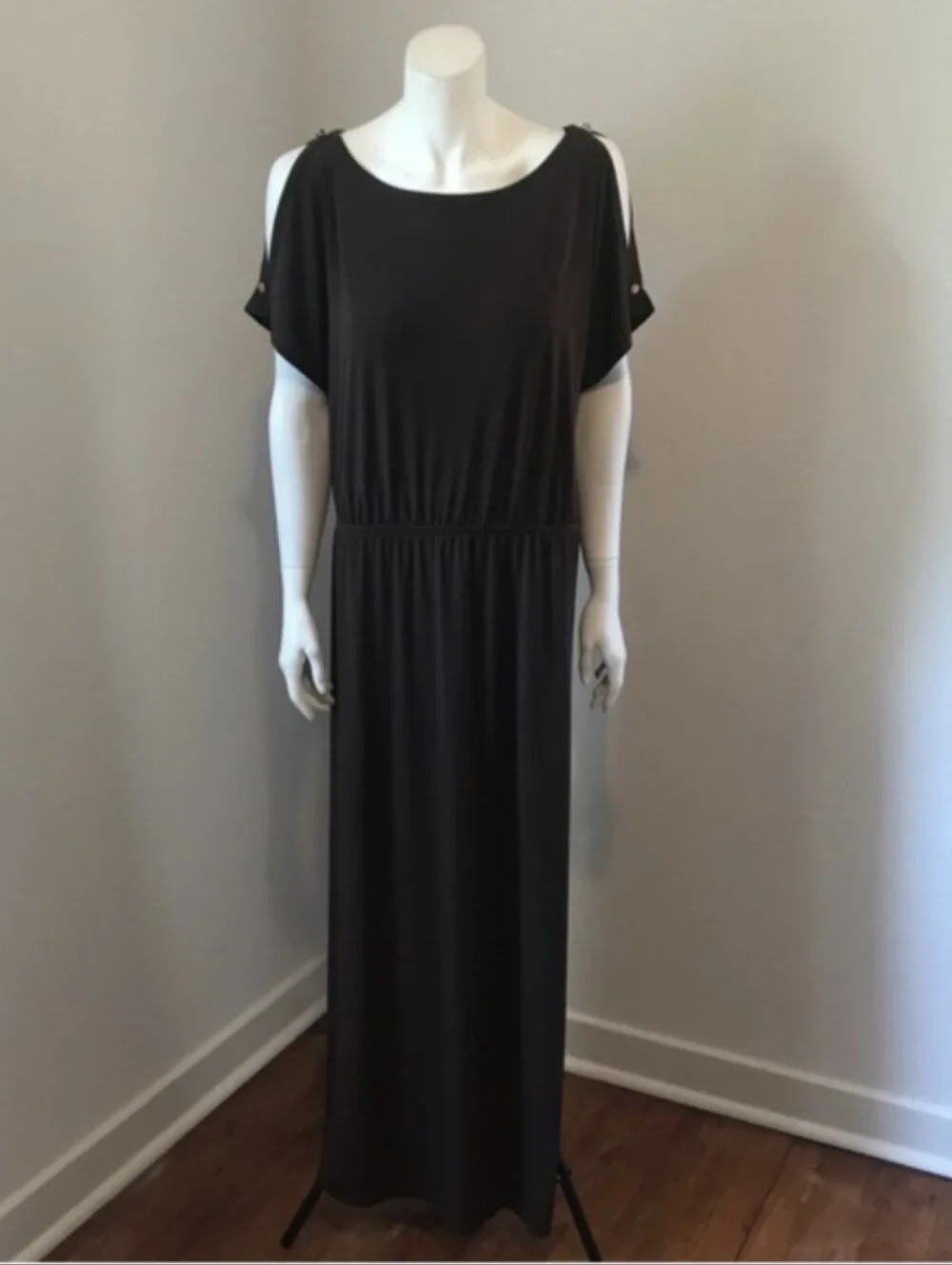 CHICO'S Francine Split Slv Maxi DRESS SOLID ROCKLEDGE BROWN- 1 (M/8)